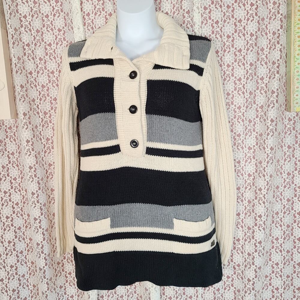 vintage 90s Lacoste cream grey black heavy knit pullover collared sweater med